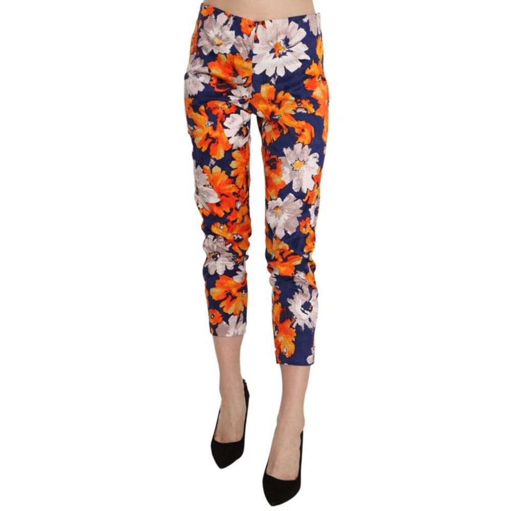 LANACAPRINA Blue Floral Print Skinny Slim Fit Trousers Women's Pants